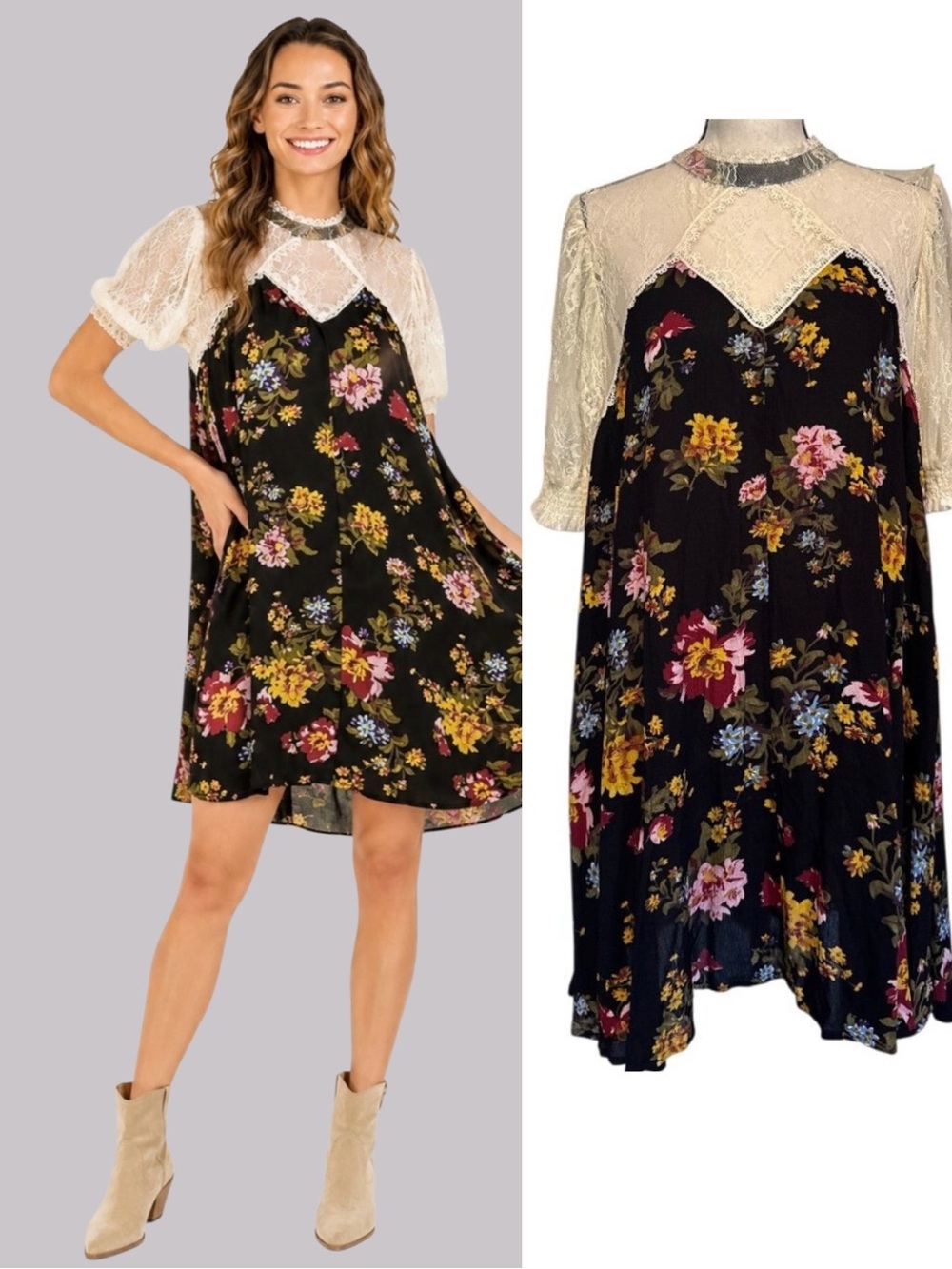 Umgee Black Floral Lace Tunic Dress‎ Small Boho Babydoll Mini Y2K NWT